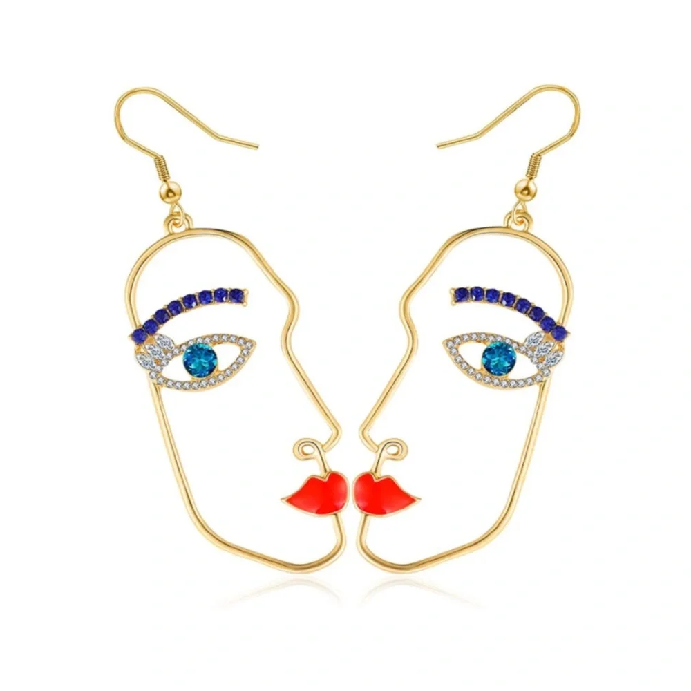 Abstract Art Human Face Dangle Earring with Cubic Zirconia Stone - Picture 3 of 6